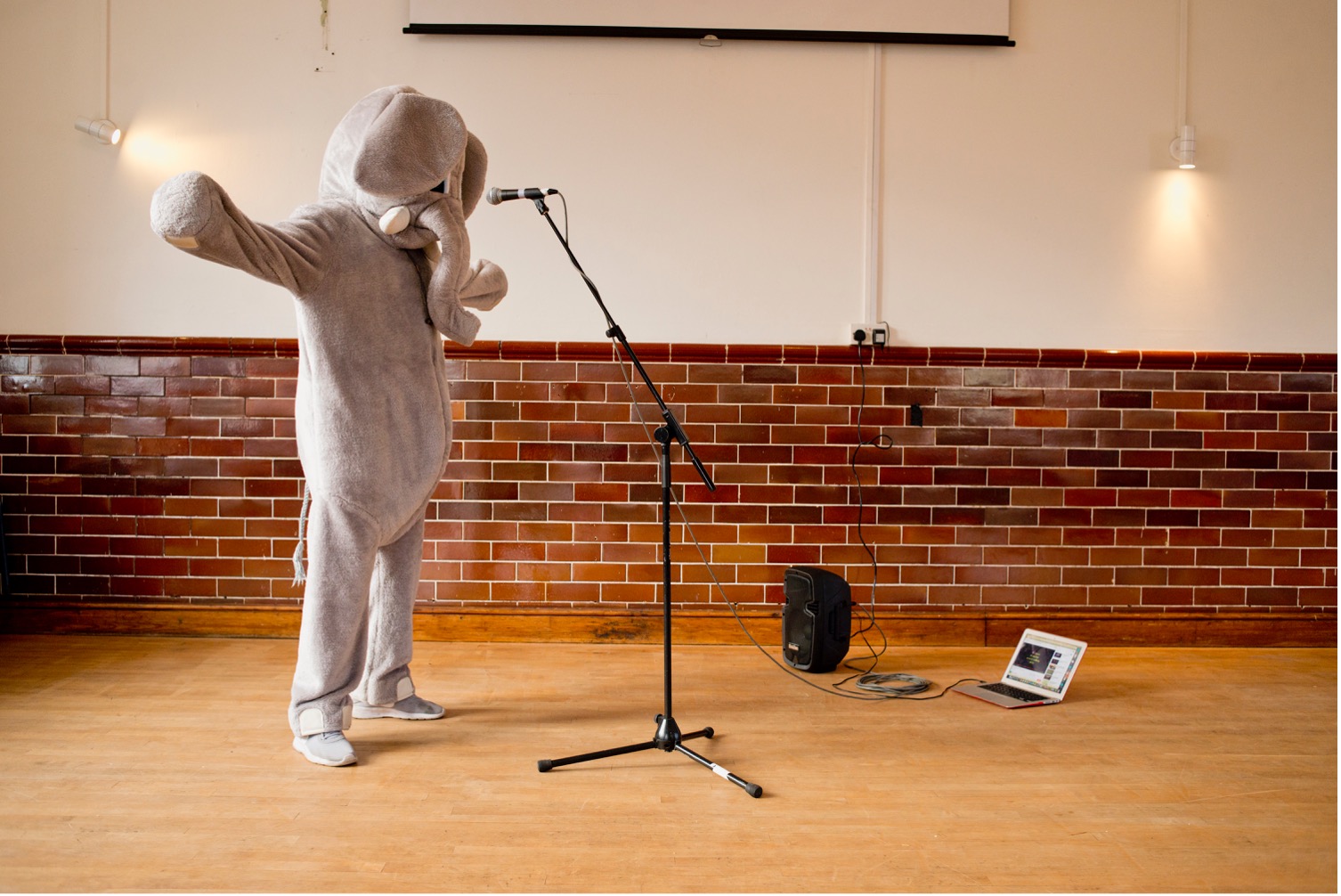 A person in an elephant costume, standing with their arms outspread in front of a microphone.