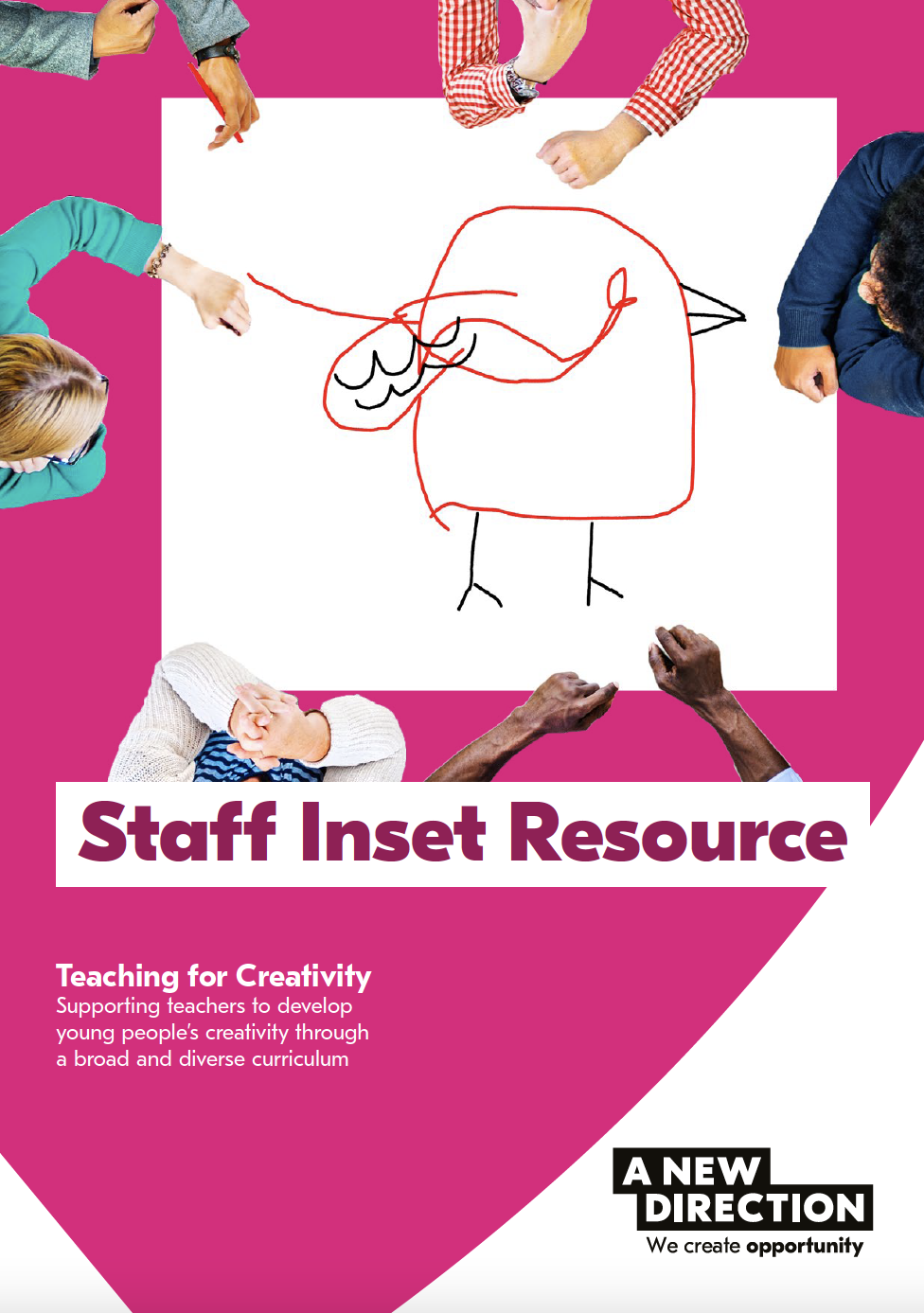 The front cover of the Staff INSET Resource. It features six people sitting around a table, with a big piece of paper in the centre with a drawing. Underneath is text that reads: Staff Inset Resource / Teaching for creativity / Supporting teachers to develop young people’s creativity through a broad and diverse curriculum. A New Direction's logo is in the bottom right hand corner. 
